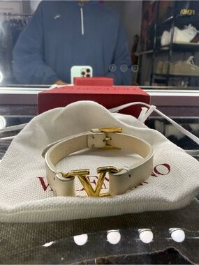 Valentino Garavani White Leather Bracelet with Gold V Detail
